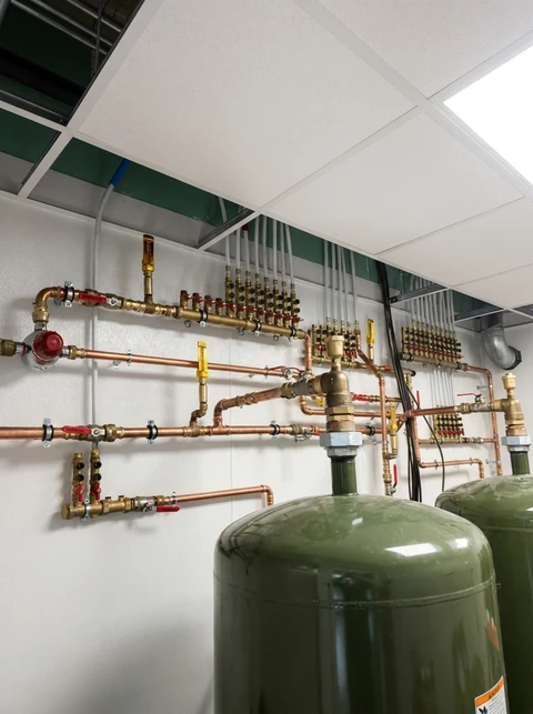 Salle technique intérieure avec installation hydronic murale complexe