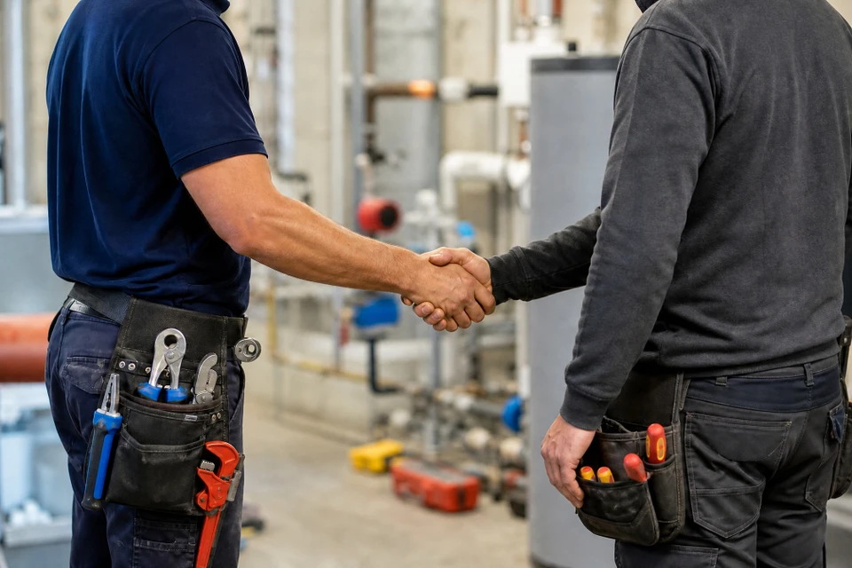 Deux artisans plombiers-chauffagistes travaillant de concert dans une chaufferie résidentielle : l'un ajuste une vanne sur le circuit hydraulique tandis que l'autre contrôle le raccordement de la pompe à chaleur. Combinaisons de travail, outils à la main, ambiance professionnelle et complice, interaction positive entre les deux hommes pendant l'intervention.