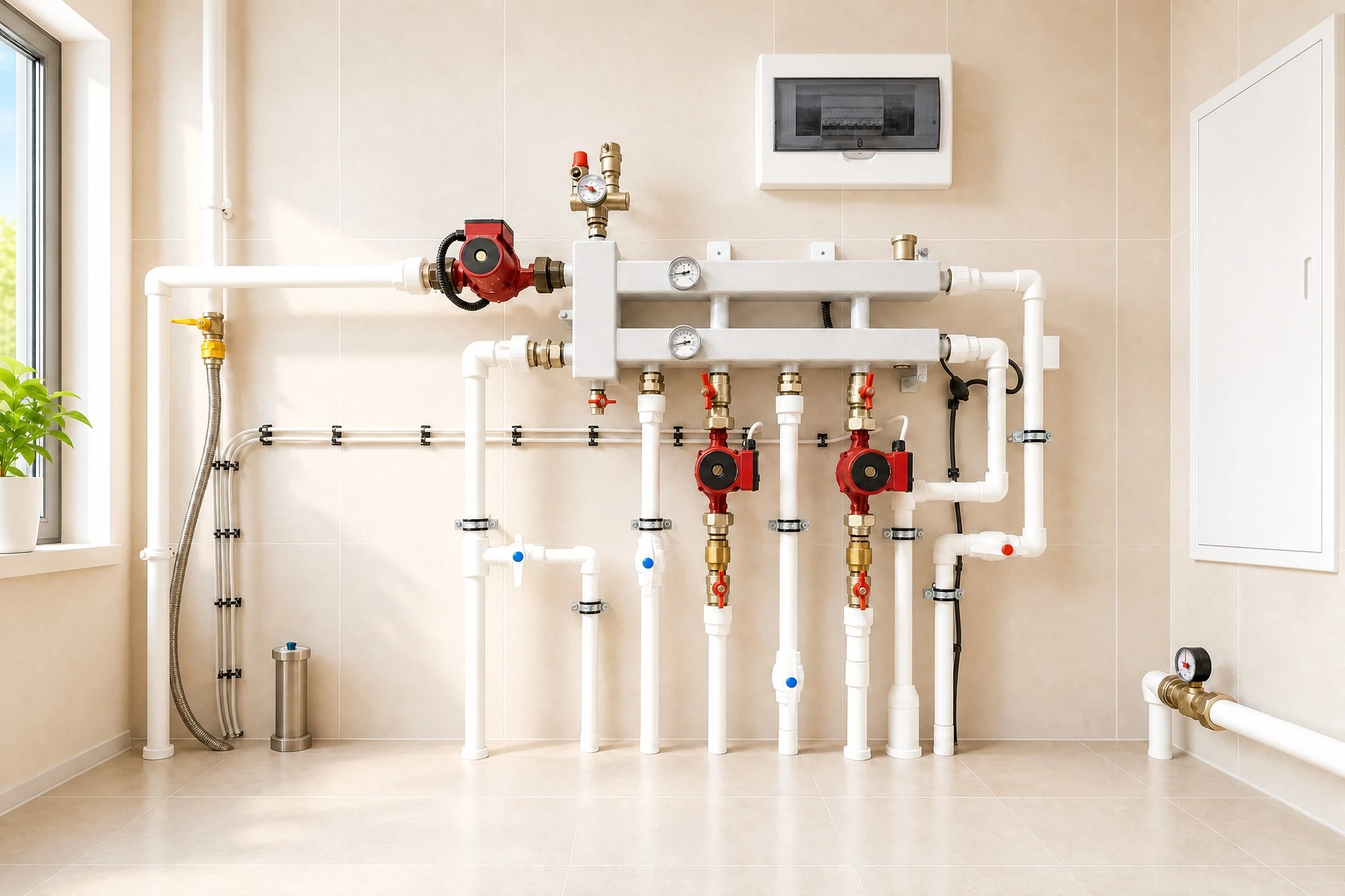 Installation de plomberie moderne avec réseau de canalisations en cuivre fixées au mur