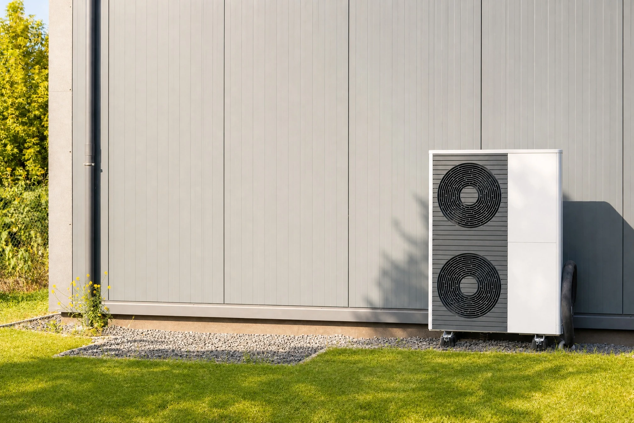 Unité extérieure de pompe à chaleur air-eau grise ou blanche installée en façade ou sur support mural, raccordée par tuyauterie en cuivre visibles, ventilateur visible, sur maison individuelle moderne par temps clair.
