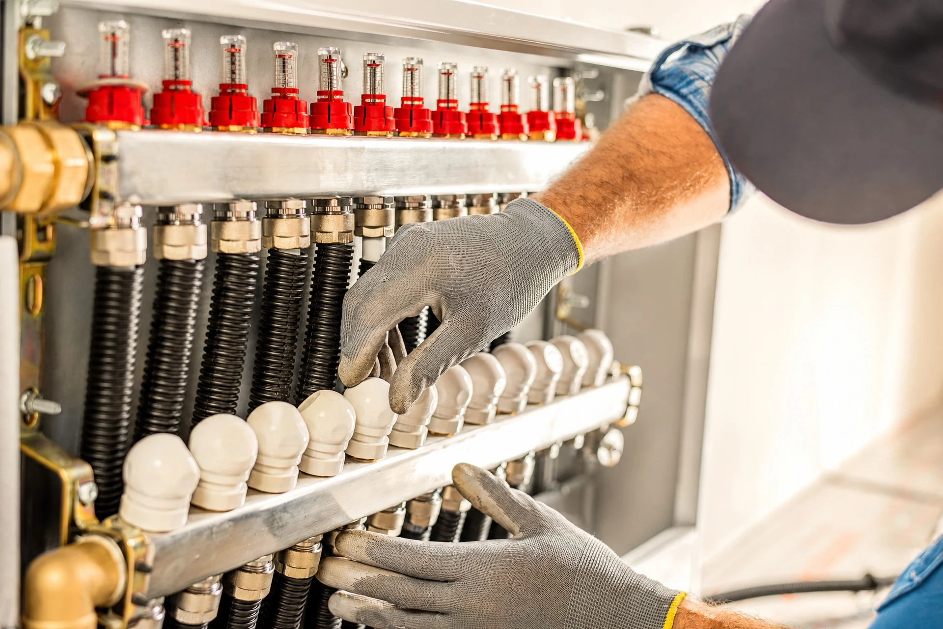 Un technicien en combinaison bleue effectue une maintenance sur une chaudière domestique ouverte, utilisant un appareil de mesure électronique avec écran vert